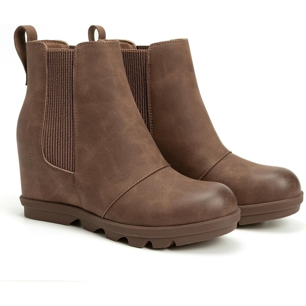 Athlefit Women's Dark Brown Faux Leather Wedge Comfortable Ankle Wedge Booties
